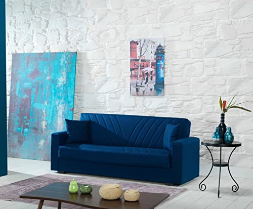 Dmora Jorge, Schlafsofa mit 3 Sitzern und 2 Kissen inklusive, Wohnzimmer-Sofa aus gepolstertem Stoff mit klick-Klack-Öffnung, 214 x 81 x 89 cm, Blau von Talamo Italia