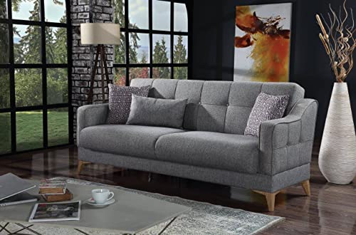 Dmora Juan, Schlafsofa mit 3 Kissen, Wohnzimmer aus gepolstertem Stoff mit klick-Klack-Öffnung, 207 x 82 x 92 cm, Grau von Dmora