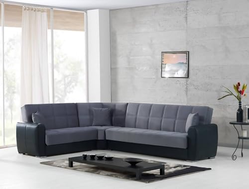Dmora - Schlafsofa mit Halbinsel Matias, Ecksofa mit Stauraum aus Kunstleder und Stoff, Sofa mit klick-Klack-Öffnung, 305 x 238 x 91 cm, Schwarz und Grau von Dmora