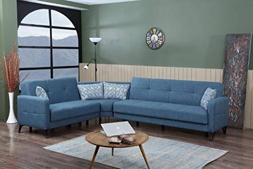 Dmora Pedro, Schlafsofa, Ecksofa mit 4 Kissen inklusive, Wohnzimmer-Sofa aus gepolstertem Stoff mit klick-Klack-Öffnung, wendbare Halbinsel, 302 x 234 x 88 cm, Blau von Dmora