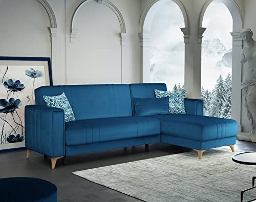 Dmora Schlafsofa Miguel, Ecksofa mit 3 Kissen inklusive, Sofa aus gepolstertem Stoff mit klick-Klack-Öffnung, mit wendbarer Halbinsel, 225 x 151 x 84 cm, Blau von Dmora