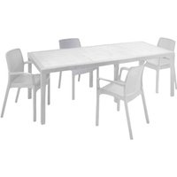 Außentisch Dantonaz, ausziehbarer rechteckiger Esstisch mit 4 Stühlen inklusive, Gartentisch und Sitze in Rattan-Optik, 100 % Made in Italy, Weiß von DMORA