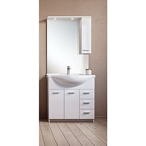 Dmora Badezimmerschrank mit zwei Türen und drei Schubladen und Spiegel mit Hängeschrank, Made in Italy, 105 x 50 x 191 cm, Farbe Weiß von Dmora
