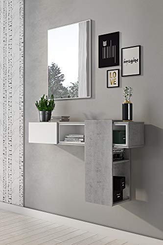 Dmora Eingangsmöbel mit Spiegel, Eingang für Flur mit Schublade, Taschenleerer für kleine Wohnungen, cm 100x27h155, Farbe Zement und Weiß von Dmora