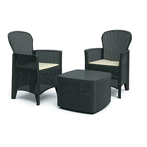 Dmora - Outdoor-Lounge-Set Napoli, Gartengarnitur mit 2 Sesseln und 1 Containertisch, Sitzecke in Rattan-Optik, 100 % Made in Italy, Anthrazit von Dmora