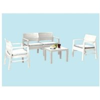 Outdoor-Lounge-Set Carpi, Gartengarnitur mit 2 Sesseln, 1 Sofa und 1 Couchtisch, Sitzecke in Rattan-Optik mit Kissen, 100 % Made in Italy, Weiß von DMORA