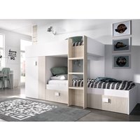 Kinderbett Cevedale, komplettes Schlafzimmer mit Kleiderschrank und Schubladen, Etagenbettkomposition mit zwei Einzelbetten, 271 x 111 x 150 cm, Weiß von DMORA