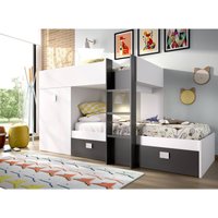 Kinderbett Dbajram, Komplettes Schlafzimmer mit Kleiderschrank und Schubladen, Etagenbettkomposition mit zwei Einzelbetten, 271x111h150 cm, Weiß und von DMORA