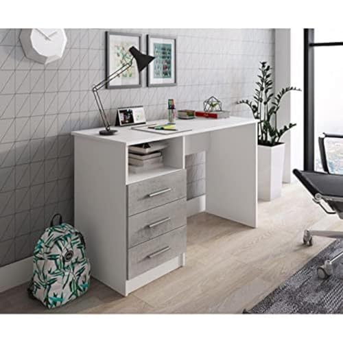 Dmora Linearer Schreibtisch für Büro und Arbeitszimmer mit 3 Schubladen, Minimaler Computertisch, Schreibtisch zum Arbeiten, 120x48h75 cm, Weiß und Zementfarbe von Dmora