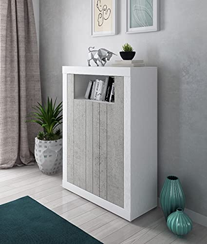 Dmora Modernes Design hohes Sideboard mit 2 Türen und Regalen, Küchenbuffet, Sideboard mit Regalen und Regalen, 105x42h143 cm, Weiß und Zementfarbe von Dmora