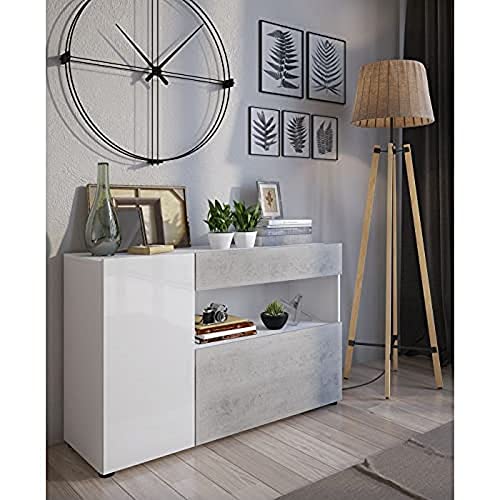 Dmora Modernes Sideboard mit 2 Türen und 1 Schublade, Sideboard mit Regalen und Regalen, Wohnzimmer-TV-Ständer, 130x41h81 cm, Glanzweiß und Zementfarbe von Dmora