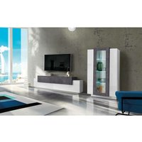 Modulare Wohnwand, Made in Italy, mit weißem LED-Licht, TV-Ständer und Vitrine, Modernes Wohnzimmer-Set, 290x45h121 cm, Farbe Glanzweiß und Aschgrau von DMORA