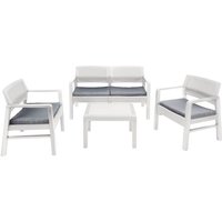 Outdoor-Lounge-Set Carpi, Gartengarnitur mit 2 Sesseln, 1 Sofa und 1 Couchtisch, Sitzecke in Rattan-Optik mit Kissen, 100 % Made in Italy, Weiß von DMORA
