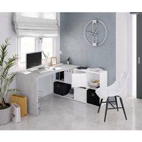 Dmora - Schreibtisch Dmorlup, Umschaltbarer Multipositions-Schreibtisch, Arbeits- oder Bürotisch für pc mit Regal, 136x139h74 cm, Weiß und Zement von DMORA