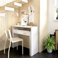 Dmora - Schreibtisch Losetta, Multipositionsschreibtisch mit ausziehbarer Platte, lineare Arbeitskonsole mit 2 Schubladen, 99 x 70 x 88 cm, Weiß von DMORA