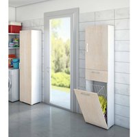 Dmora - Mehrzweckschrank Dcosim, Linearer Wäscheschrank mit 2 Türen, Badezimmersäule mit Wäschekorb, 100% Made in Italy, 45x32h195 cm, Eiche und Weiß von DMORA