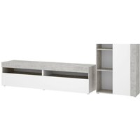 Dmora - Wohnwand Beverin, Modulares Wohnzimmerset, Multipositions-Wohnzimmermöbel, 265x42h180 cm, Weiß und Zement von DMORA