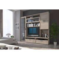 Wohnzimmerwandsystem, TV-Schrank mit Vitrine und Hängeschränke mit Regalen, Komplettes Wohnzimmer, 240x50h215 cm, Eichenfarbe - Dmora von DMORA