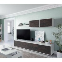 Einbaufertige Wand Savannah, TV-Ständer für Wohnzimmer, Zusammensetzung des Wohnzimmersets, Wohnzimmergarnitur mit Schrankwand, cm 200x41h43, Weiß von DMORA