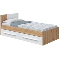 Einzelbett Anaheim, Einzelcontainerbett mit Kopfteil, Bettrahmen mit 2 Schubladen für Schlafzimmer, cm 196x97h77, Geknotete Eiche und Weiß - Dmora von DMORA