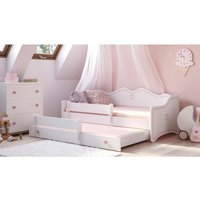 Einzelbett für Kinder, Schlafsofa mit zweitem ausziehbarem Bett, Bett mit Fallschutz dekoriert, cm 164x88h70, Farbe Weiß und Rosa - Dmora von DMORA