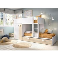 Kinderbett Dannon, Komplettes Schlafzimmer mit Kleiderschrank und Schubladen, Etagenbettkomposition mit zwei Einzelbetten, 275x108h150 cm, Weiß und von DMORA