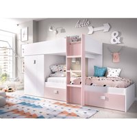 Kinderbett Dbajram, Komplettes Schlafzimmer mit Kleiderschrank und Schubladen, Etagenbettkomposition mit zwei Einzelbetten, 271 x 111 x 150 cm, Weiß von DMORA