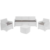 Lounge-Set für draußen Alassio, Garten-Set mit 2 Sesseln, 1 Sofa und 1 Aufbewahrungstisch, Rattan-Effekt mit Kissen, 100 % Made in Italy, Weiß, mit von DMORA