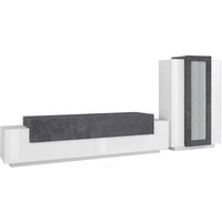 Modulare Wohnwand, Made in Italy, mit weißem LED-Licht, TV-Ständer und Vitrine, Modernes Wohnzimmer-Set, 290x45h121 cm, Farbe Glanzweiß und Aschgrau von DMORA