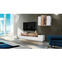 Modulares Wohnzimmer-Wandsystem, Made in Italy, TV-Ständer und Hängewand, Modernes Wohnzimmer-Set, 280x45h180 cm, Glanzweiß und Ahornfarbe - Dmora von DMORA