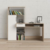 Multifunktionsschreibtisch mit Bücherregal, Schublade und Tür, Farbe Weiß und Eiche, 162 x 155 x 60 cm - Dmora von DMORA