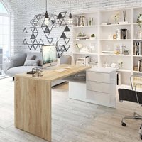 Dmora - Schreibtisch Dfagg, Wendeschreibtisch mit Kommode, Eckstudie oder Büro-PC-Tisch, 145x108h73 cm, Eiche und Weiß von DMORA