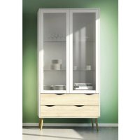 Vitrine mit zwei aufklappbaren Glastüren und vier Schubladen, Weiß und Eiche, Maße 98 x 200 x 39 cm - Dmora Vitrine mit zwei aufklappbaren Glastüren und vier Schubladen, Weiß und Eiche, Maße 98 x 200 x 39 cm - Dmora von DMORA