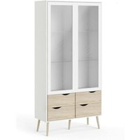 Vitrine mit zwei aufklappbaren Glastüren und vier Schubladen, Weiß und Eiche, Maße 98 x 200 x 39 cm - Dmora Vitrine mit zwei aufklappbaren Glastüren und vier Schubladen, Weiß und Eiche, Maße 98 x 200 x 39 cm - Dmora von DMORA