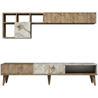 Wohnzimmermöbel Gemini, Modulares Wohnzimmerset, Mehrzweck-Wohnzimmermöbel, Moderner TV-Schrank, 180x35h40 cm, Nussbaum und Weißer Marmor, mit von DMORA