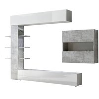 Wohnzimmerwand, Made in Italy, TV-Schrank, moderne Wohnzimmergarnitur, 295 x 30 h 197 cm, glänzendes Weiß und Zementfarbe - Dmora Wohnzimmerwand, Made in Italy, TV-Schrank, moderne Wohnzimmergarnitur, 295 x 30 h 197 cm, glänzendes Weiß und Zementfarbe - Dmora von DMORA