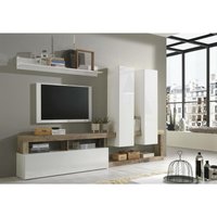 Wohnzimmerwandsystem, TV-Schrank mit Sockel, 2 Hängeschränke und 1 Regal, Modernes Wohnzimmer, Made in Italy, 277x35xh173 cm, Farbe Weiß und Birne von DMORA