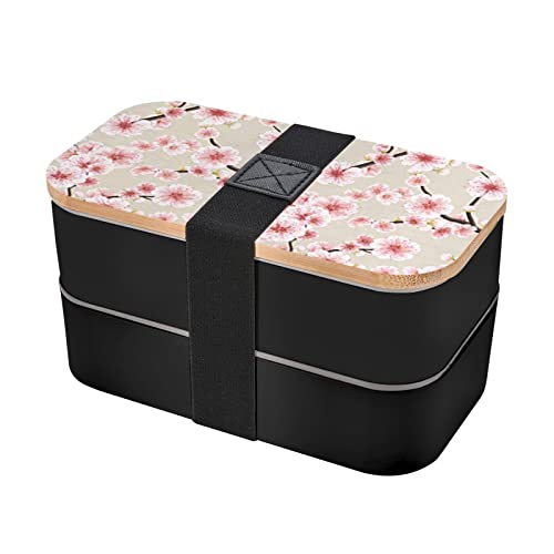 Bento-Box mit Doppelriemen, rosa Kirschblüten, mit Besteck, 18 x 9 x 10 cm, kein BPA, kein eigenartiger Geruch, geeignet für Picknick, Schule, Arbeit. Schwarz von DMORJ