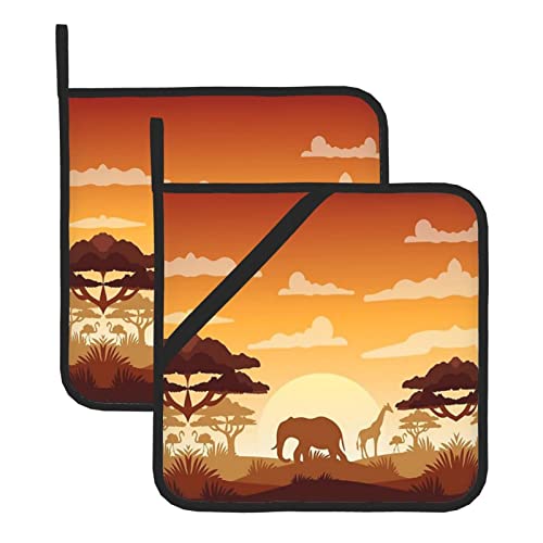 Elefant und Giraffe im Sonnenuntergang, quadratisch, isolierter Topflappen: >> 20,3 x 20,3 cm (zweiteiliges Set), dick und langlebig, Verbrühungsschutz. von DMORJ