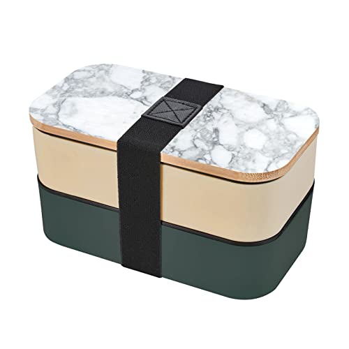 Hellschwarze Marmor-Bento-Box mit Doppelriemen: >> mit Besteck, 18 x 9 x 10 cm, kein BPA, kein eigenartiger Geruch, geeignet für Picknick, Schule, Arbeit. Dunkelgrün von DMORJ