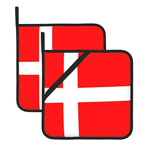 Quadratischer isolierter Topflappen mit dänischer Flagge – 20,3 x 20,3 cm (zweiteiliges Set), dick und langlebig, Verbrühungsschutz. von DMORJ