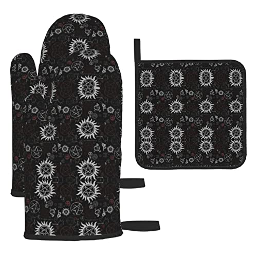 Supernatural Symbols schwarze Ofenhandschuhe und Topflappen-Set: >> hitzebeständig, 3-teiliges Küchen-Set für Küche, Kochen, Backen, hitzebeständig von DMORJ