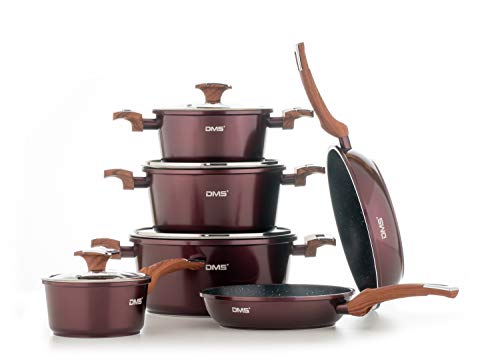 DMS® 10-teilig Induktion Kochgeschirr Kochset Töpfe Pfannen Set Bratpfanne Kasserolle Suppentopf mit Glasdeckel Marbel Beschichtung Spülmaschinengeeignet TSM4010 (Burgundy) von DMS