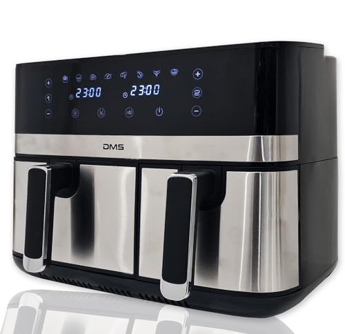 DMS® 10L Doppelkammer-Heißluftfritteuse | 6/4 L Fassungsvermögen | zwei unabhängige Schubladen | 8 automatische Programme | energiesparend | Schwarz Fritteuse Heißluft Ofen Digitale Fritteuse von DMS