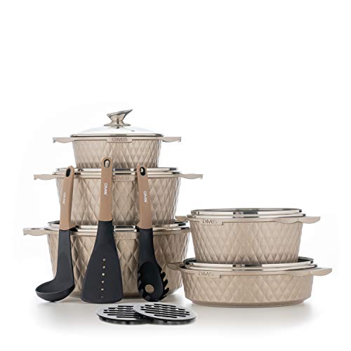 DMS® 15-teilig Induktion Kochgeschirr Kochset Töpfe Kasserolle Suppentopf mit Glasdeckel 3 Küchenutensilien 2 Topfuntersetzer Marbel Beschichtung Spülmaschinengeeignet TSD5015 (Champagner) von DMS