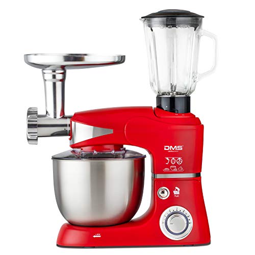 DMS 3 in 1 Küchenmaschine | Knetmaschine und Rührmaschine in einer 5 L Edelstahlschüssel mit Deckel | Fleischwolf | Mixer/Icecrusher | 6 Geschwindigkeitsstufen | Spritzschutz | Leistung 1700W | Rot von DMS