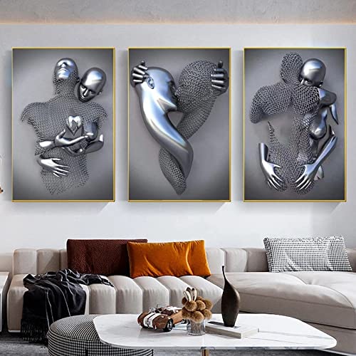 3D Liebe Herz Grau Metall Figur Statue Malerei auf Leinwand Kunst Poster und Drucke Wandbilder für Wohnzimmer Heimtextilien,Rahmen,50 * 70 * 3Stk von DMSC