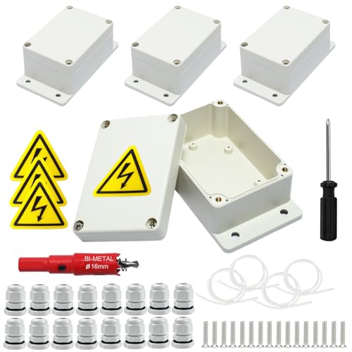 4 Stück Anschlussdose, IP67 Weiße Abzweigdose Wasserdicht, 100 * 68 * 50mm Aufputz Verteilerdose, Gehäuse Elektronik mit 16 Kabelverschraubungen, Sicherheitsschilder, Lochsäge 16mm, Schraubenzieher von DMSESRLS
