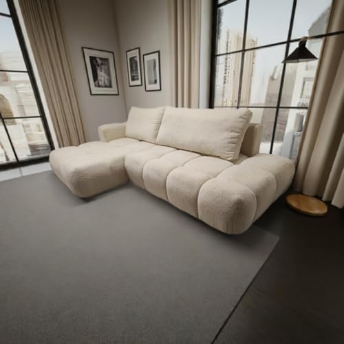 DMSM Ecksofa Soffi Aufklappbar, Creme Boucle, Schlaffunktion, Steppbar, 280x165x95cm, Links von DMSM