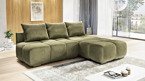 Ecksofa Flash, 260 cm, Samt Polsterung in Olive, Schlaffunktion, Bettkasten, Rechts von DMSM